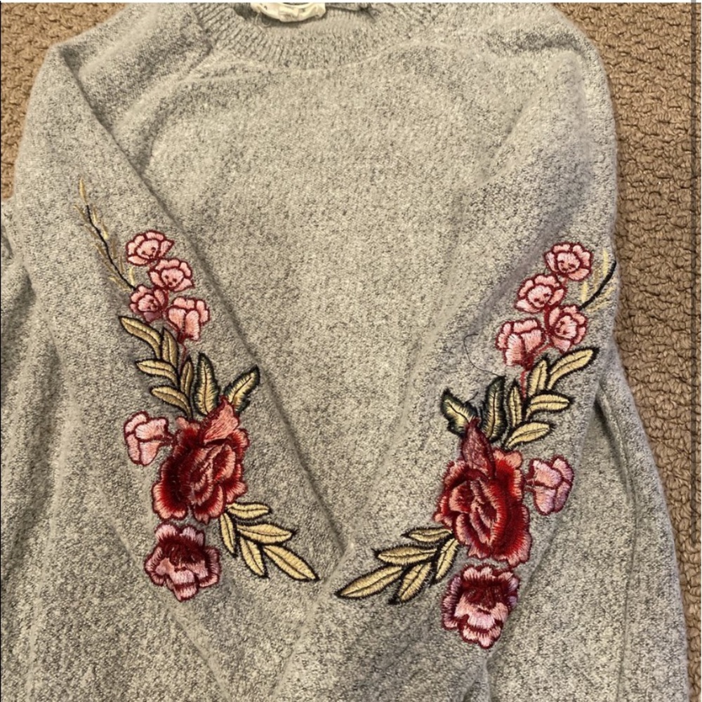 gray sweater with floral embroidery